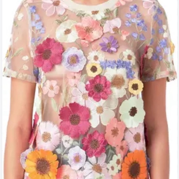 Floral Embroidered Appliqué Adore Organza Top - Pink, Orange, Yellow - Picture 3 of 4